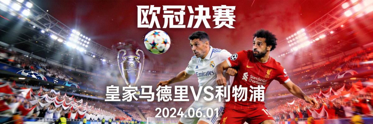 欧冠决赛宣传图 - 皇家马德里与利物浦球员在宏伟球场内争抢足球的激烈瞬间